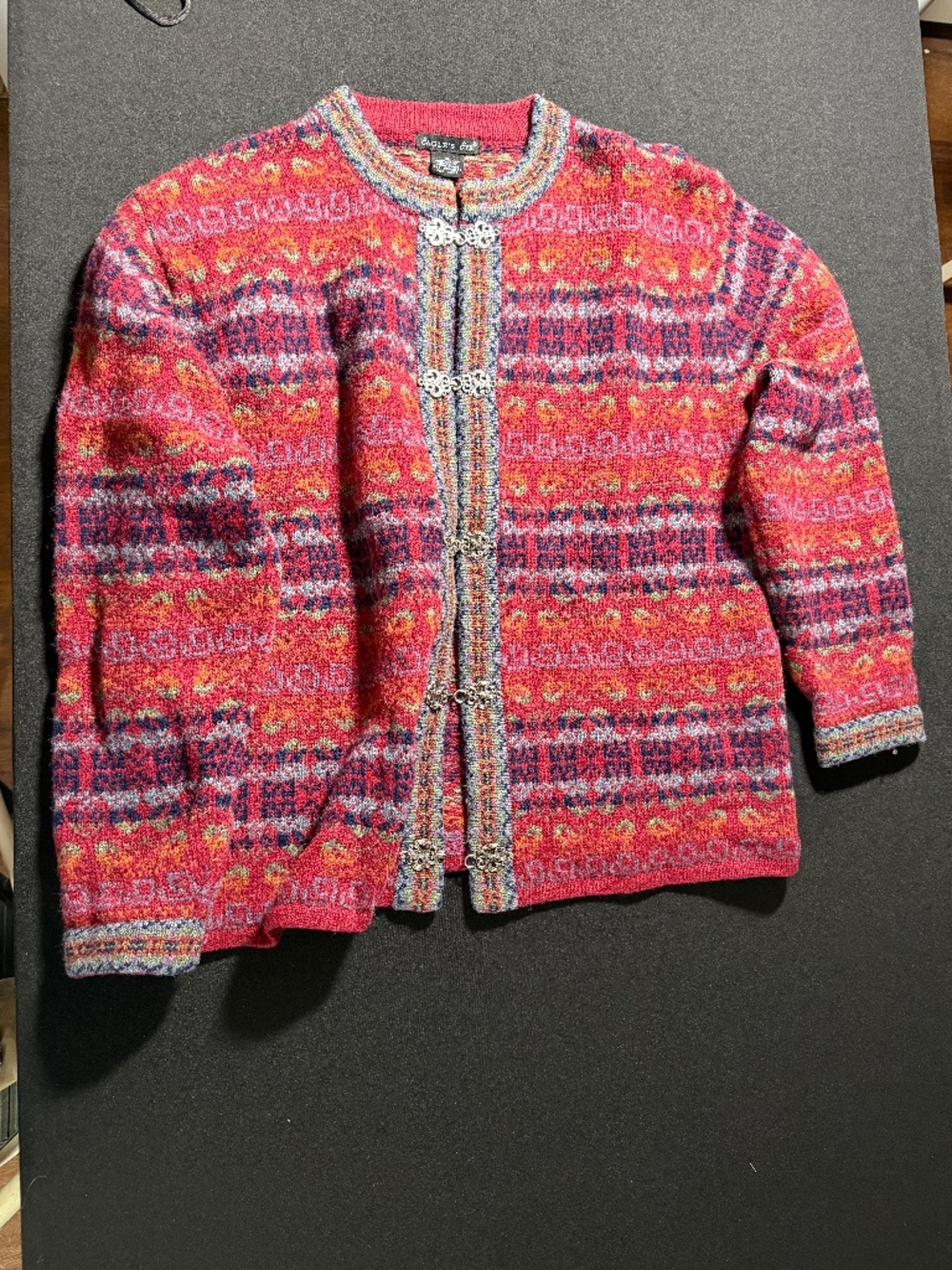 Eagle's Eye Red Nordic Wool Sweater Cardigan with Metal Clasps Small